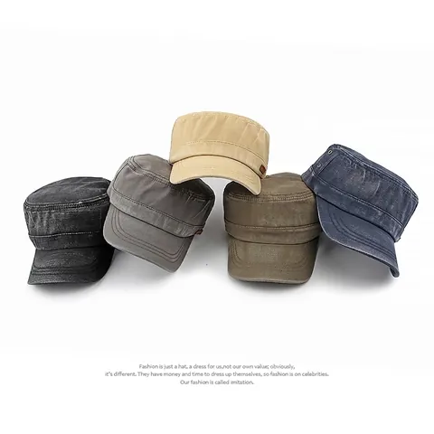 Vintage Washed Cotton Cadet Cap Military Hat Adjustable Flat Top Distressed Retro Style For Men Women