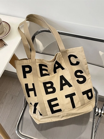 Bolso Tote De Lona Gran Capacidad Estampado De Letras Bolso De Hombro Para Mujeres Informal Minimalista Caqui
