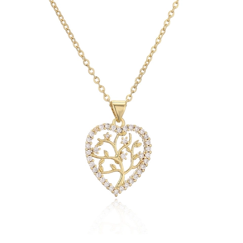 Collier Pendentif Cœur Cuivre Plaqué Or Zircone Cubique Micro Incrusté Papillon Arbre De Vie Collier Bijoux