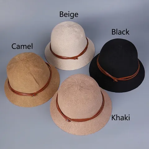 Chapeau Bob Tricoté Femmes Coton Polyester Respirant Protection Solaire Léger Mode Vintage Avec Boucle En Cuir