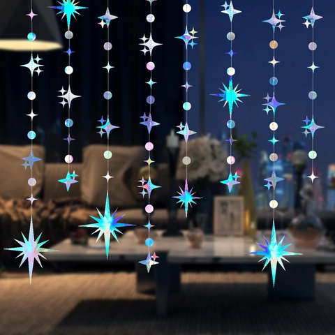 Holografische Ster Cirkel Slinger Hangende Papieren Decoraties Voor Verjaardag Feest Bruiloft Kerstmis Glimmende Metalen Achtergrond Decor