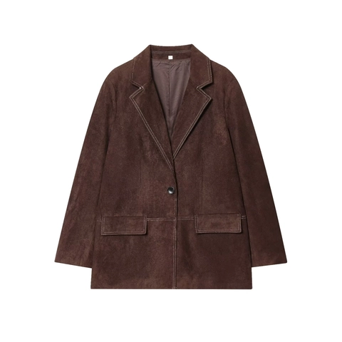 Dames Blazer Van Imitatiesuède Met Contraststiksel Revers Enkele Knoop Lange Mouwen Donkerbruin Vintage Casual Jas