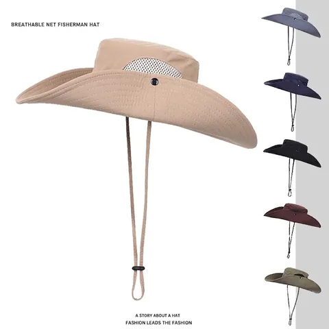 Chapeau Bob En Maille Nylon Respirant Large Bord Protection Solaire Outdoor Randonnée Camping Chapeau Avec Corde Réglable