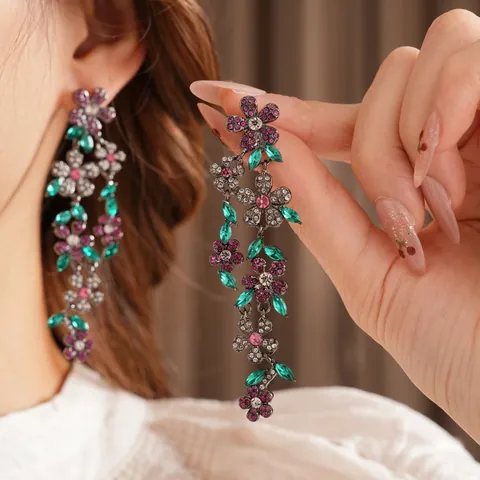 Orecchini Pendenti A Fiore Con Frange Lega Strass Gioielli Eleganti Con Perno In Argento Per Donna