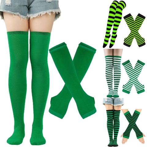 St Patrick's Day Over The Knee Socks And Arm Warmers Set Striped Knitted Stockings For Women Holiday Party Costume Accessories