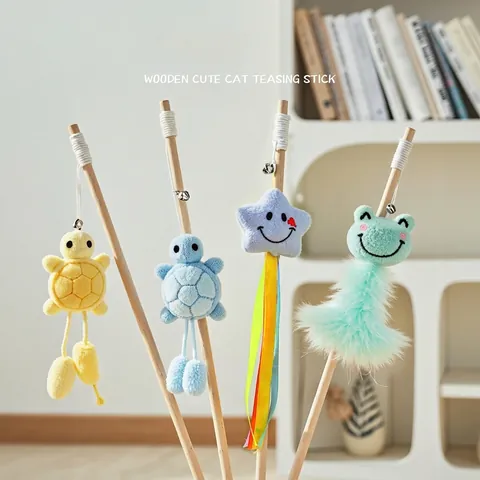 Bacchetta Giocattolo Per Gatti Manico In Legno Pendente Animale Peluche Con Campanellino Piuma Nastro Accessorio