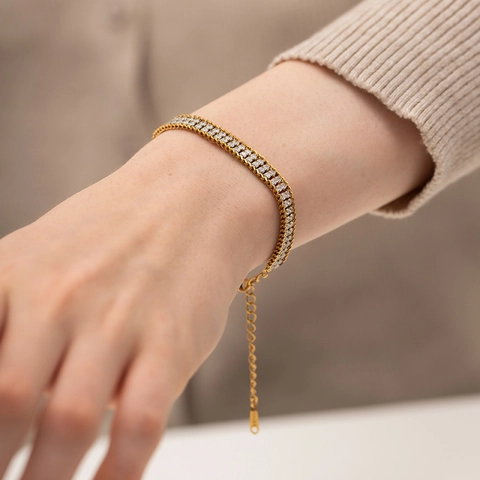 Pulsera De Acero Inoxidable Chapado En Oro De 18K Con Doble Fila De Circonita Blanca Para Mujer Ajustable