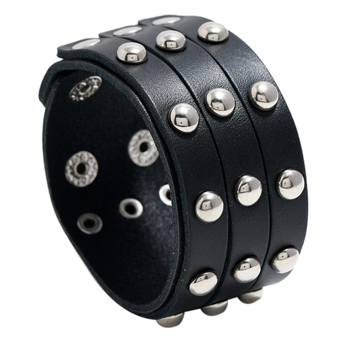 Punk Wide Cowhide Leather Bracelet With Triple Row Metal Rivets Adjustable Snap Cuff For Men Women Gothic Rock Style