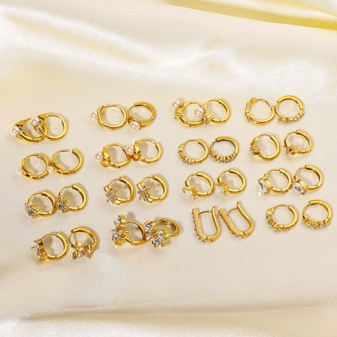 18K Gold Plated Stainless Steel Hoop Earrings For Women With Artificial Pearl Rhinestone Butterfly Star Geometric Jewelry