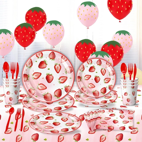 Strawberry Theme Party Tableware Paper Plates Cups Napkins Plastic Knives Forks Spoons Tablecloth For Birthday Picnic Kids Party Sweet Pink Decor