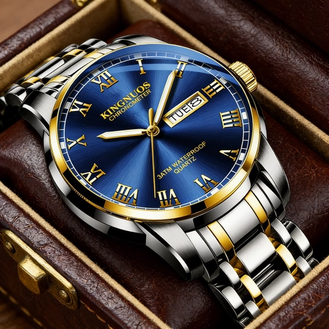 Montre Homme Quartz Étanche Lumineux Double Calendrier Business Casual Acier Inoxydable Bracelet Cuir Chiffres Romains 3ATM