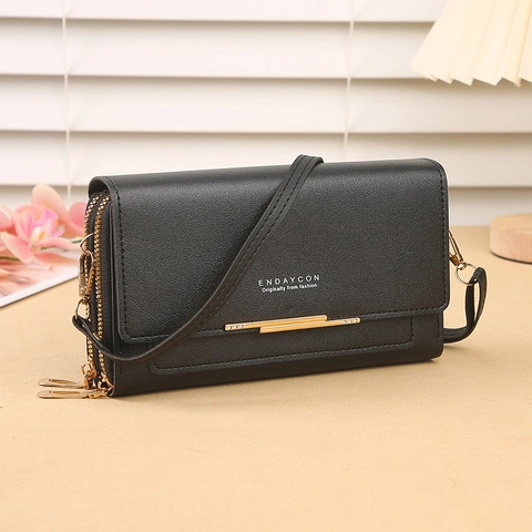 Sac pour Téléphone en Cuir PU pour Femme Portefeuille Bandoulière Multifonctionnel Double Fermeture Éclair Porte-Cartes Décor Strass Petit Sac