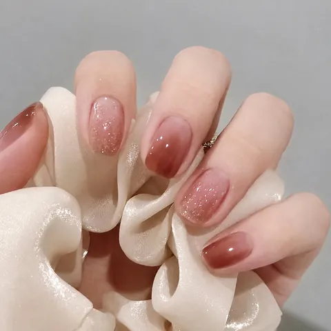 Short Square Press On Nails Brown Pink Gradient Glitter Luxury Removable Reusable False Nails Glue Version