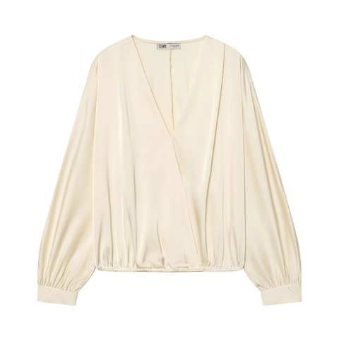 Blusa Elegante De Satén De Poliéster Para Mujer Cuello En V Cruzado Manga Larga Puño Elástico Fruncido Color Sólido