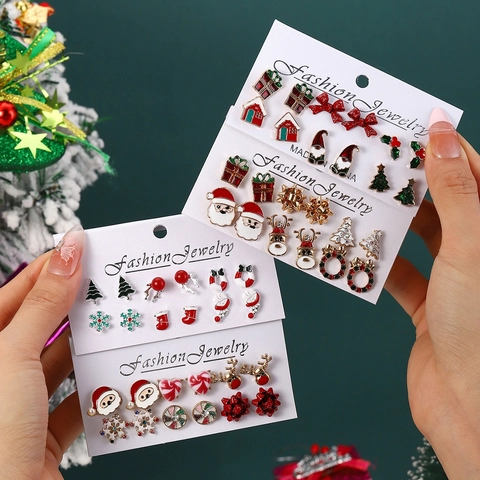 Christmas Stud Earrings Alloy Enamel Rhinestone Santa Reindeer Tree Snowflake Festive Jewelry Stainless Steel Earring Post