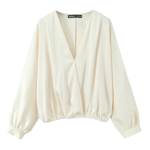 Blusa De Satén Para Mujer Textura De Satén Manga Larga Cuello En V Color Sólido Blanco Crema Top De Moda Casual Chic