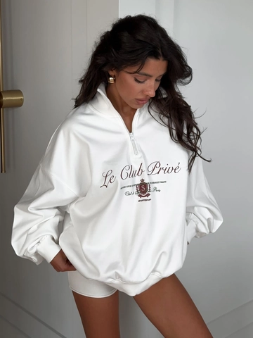 Damen Oversized Sweatshirt Mit Halbem Reißverschluss Baumwollmischung Reverskragen Langarm Buchstabendruck Casual Streetwear Weiß