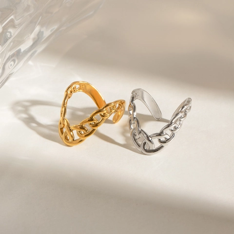 Stainless Steel Chain Link Ring Adjustable Open Geometric Band Minimalist Fashion Jewelry For Women
