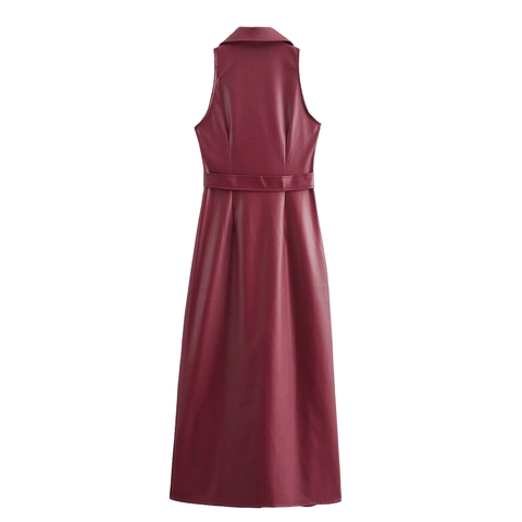 Vestido Largo Sin Mangas De Cuero PU Con Cinturón Doble Botonadura Cuello De Traje Estilo Moto Elegante Color Sólido Granate