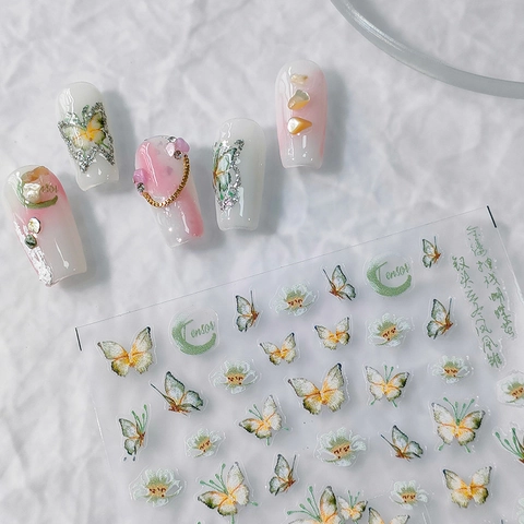 Butterfly Nail Art Stickers 5D Embossed Adhesive Nail Decals Shimmer Thin Floral Designs DIY Manicure Decoration For Women