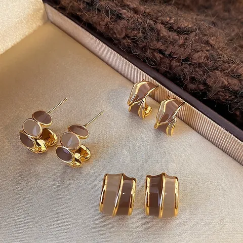 Pendientes De Aro En Forma De C Aleación Esmalte Color De Contraste Joyería De Moda Con Poste De Plata Para Mujer