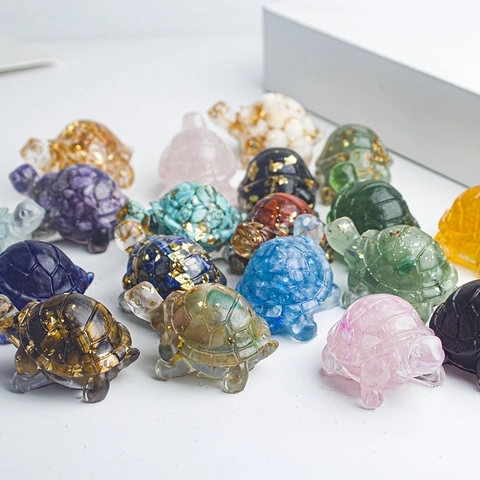 Crystal Gemstone Turtle Figurine Resin Tortoise Statue With Gold Foil Desktop Ornament Home Office Decoration Lucky Animal