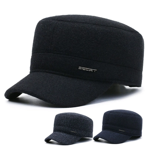 Herren Winter Cadet Cap Verdickte Wollene Flache Mütze Mit Ohrenschützern Warm Outdoor Sport Metallschild Verstellbar