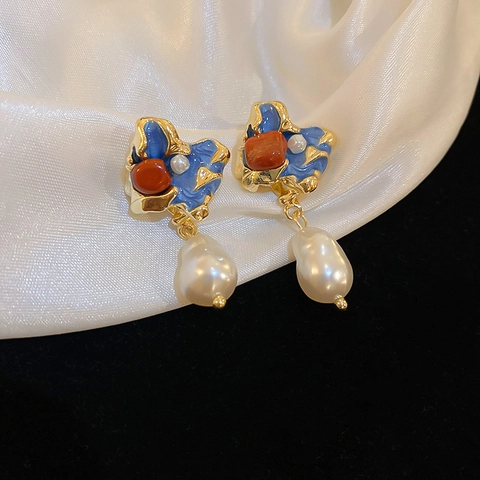Artificial Baroque Pearl Drop Earrings With Blue Enamel Alloy Vintage Geometric Design And 925 Sterling Silver Earring Post