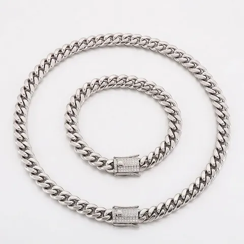 Ensemble Collier Et Bracelet Maille Cubaine Hip Hop Acier Inoxydable Strass Fermoir Carré Iced Out Bijoux Streetwear
