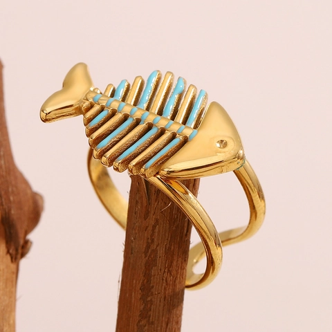 Fishbone Open Ring Stainless Steel 18K Gold Plated Blue Enamel Drip Oil Adjustable Creative Fashion Jewelry Women