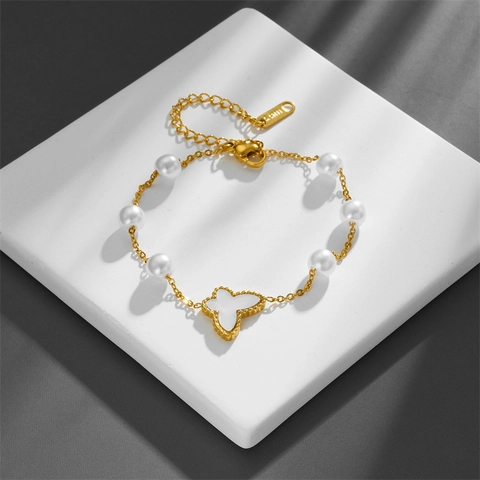 Pulsera De Perlas Artificiales De Mariposa Acero Inoxidable Chapado En Oro Ajustable Joyería De Moda Elegante Para Mujer