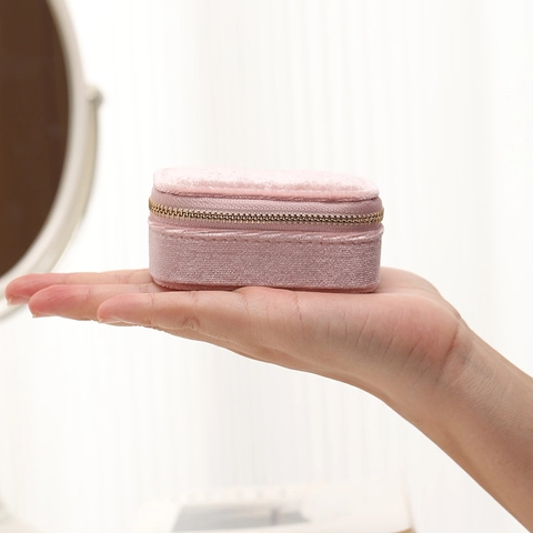 Mini Velvet Jewelry Organizer Box Portable Travel Small Case For Rings Earrings Storage With Zipper Solid Color