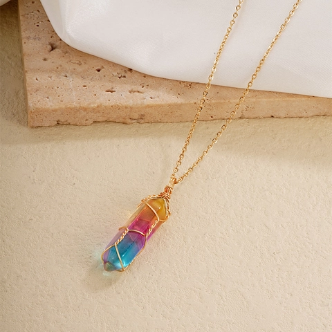 Handmade Gold Wire Wrapped Natural Stone Hexagonal Prism Crystal Point Column Pendant Necklace For Women Bohemian