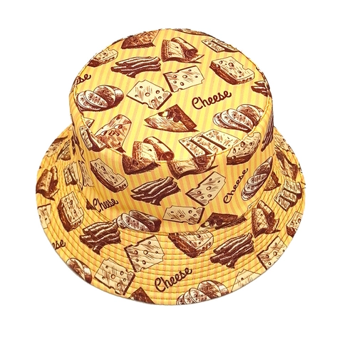 Omkeerbare Vissershoed Polyester Kaas Koekjes Print Zonbescherming Outdoor Ademend Dubbelzijdige Zonnehoed Unisex