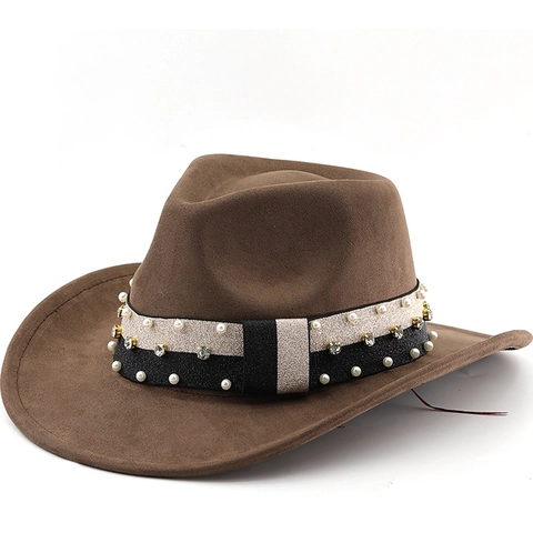 Cappello Fedora Cowboy Western Vintage Tesa Larga Fascia Decorativa Con Künstliche Perle E Strass Stile Scamosciato Per Uomo Donna