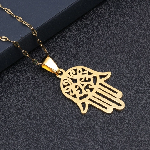 Collar Con Colgante De Mano De Hamsa Luna Estrella Acero Inoxidable Hueco Joyería Hip Hop Religiosa Para Hombres Mujeres