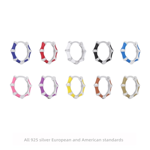925 Sterling Silver Bamboo Joint Enamel Hoop Earrings For Women Colorful Drip Oil Ear Buckle Minimalist Jewelry Gift