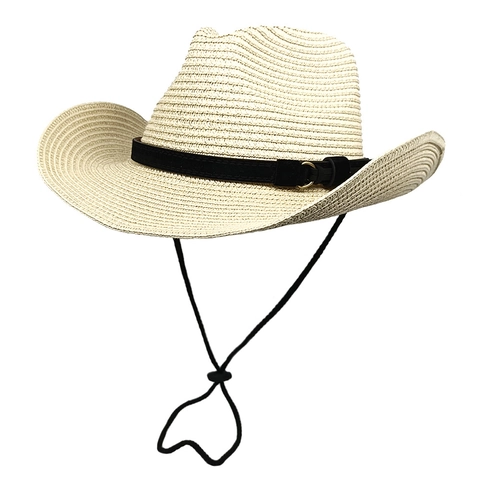 Western Cowboy Straw Hat Sun Protection Wide Brim Beach Jazz Hat With Belt Buckle And Adjustable Wind Lanyard