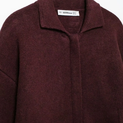 Knit Cardigan Sweater Jacket Women Lapel Zipper Solid Burgundy Red Long Sleeve Loose Casual Outerwear Warm