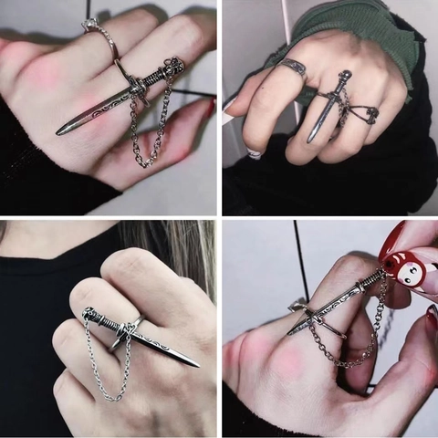 Gothic Dunkel Kreuz Schwert Ring Für Damen Punk Retro Legierung Kette Quaste Totenkopf Verstellbar Fingerring Mode Schmuck