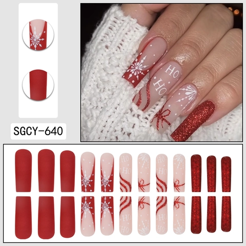 Unghie Finte a Bara Lunga di Natale Rosso Bianco Glitter Fiocco di Neve HO HO a Righe Opache per Donna Manicure Festa Festiva