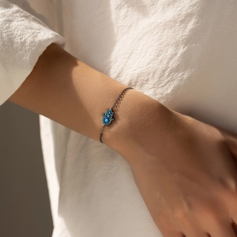 Bracciale Con Ciondolo Mano Di Hamsa Malocchio Argento Sterling 925 Zirconia Blu Gioielli Retro Regolabili Donna
