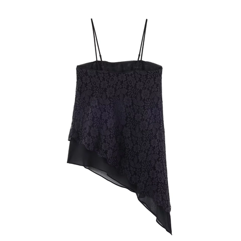 Schwarzes Spitzen-Camisole-Oberteil Asymmetrischer Unregelmäßiger Saum Sexy Durchsichtig Verstellbare Träger Damen