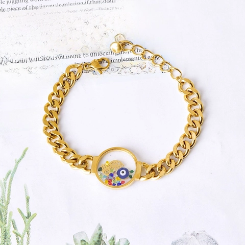 Bracciale in Acciaio Inossidabile con Malocchio per Donna Placcato Oro Ciondolo Rotondo Trasparente Gioielli con Strass