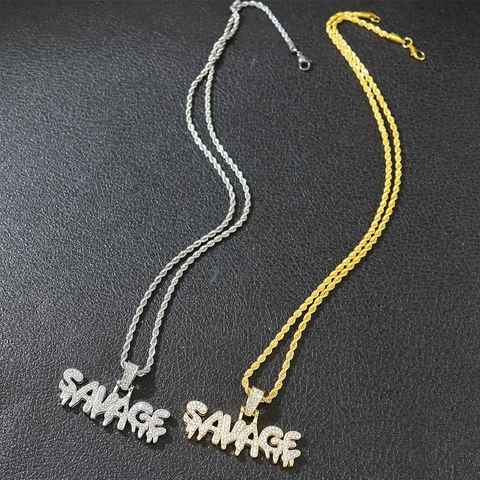 Collar Hip Hop Letra Savage Aleación Diamantes De Imitación Iced Out Drip Colgante Cadena De Cuerda Streetwear Para Hombre