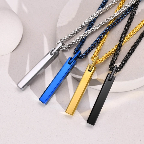 Tungsten Carbide Bar Pendant Necklace For Men High Polished Vertical Rectangular Minimalist Jewelry Simple Style