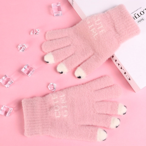 Gants Tricotés D'Hiver Compatibles Écran Tactile Épais Chaud Velours De Vison Cristal Lettrage Mignon Extérieur Temps Froid Femme