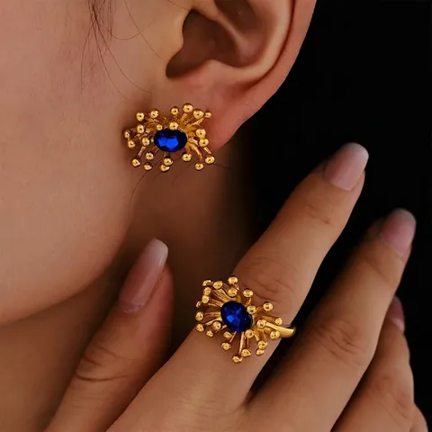 Vintage Floral Sunburst Jewelry 18K Gold Plated Stainless Steel Oval Zircon Stud Earrings And Open Adjustable Ring For Women
