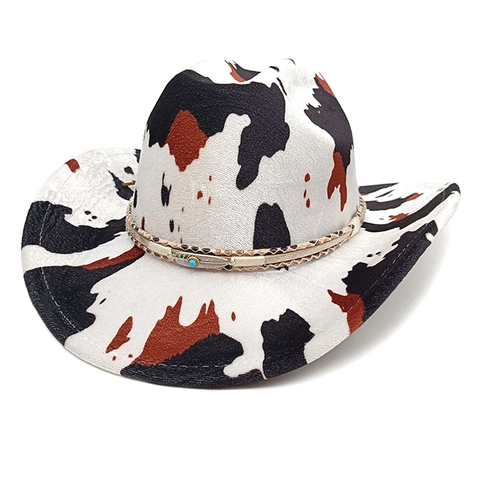 Chapeau De Cow-Boy Western Imprimé Vache Léopard Feutre Polyester Large Bord Avec Bande Tressée Plume Turquoise Pour Femmes