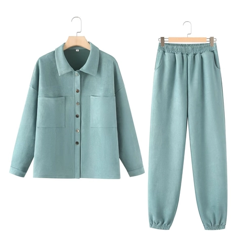 Completo Casual da Donna in Camoscio Due Pezzi Con Giacca Camicia a Maniche Lunghe e Pantaloni Jogger Elastici Tinta Unita